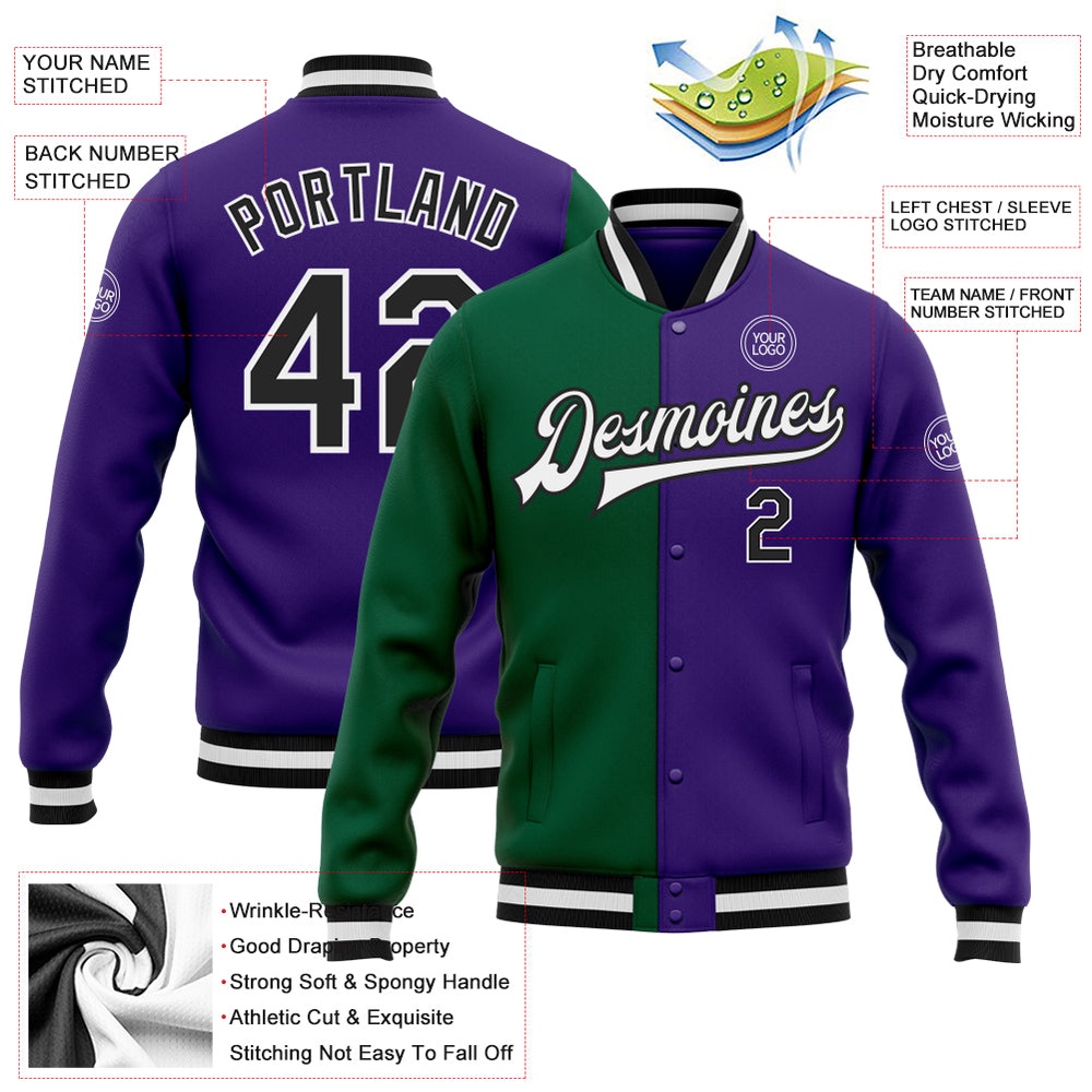 Custom Purple Black Kelly Green Bomber Full Snap Varsity Letterman Split Fashion Jacket, Custom Team Jacket