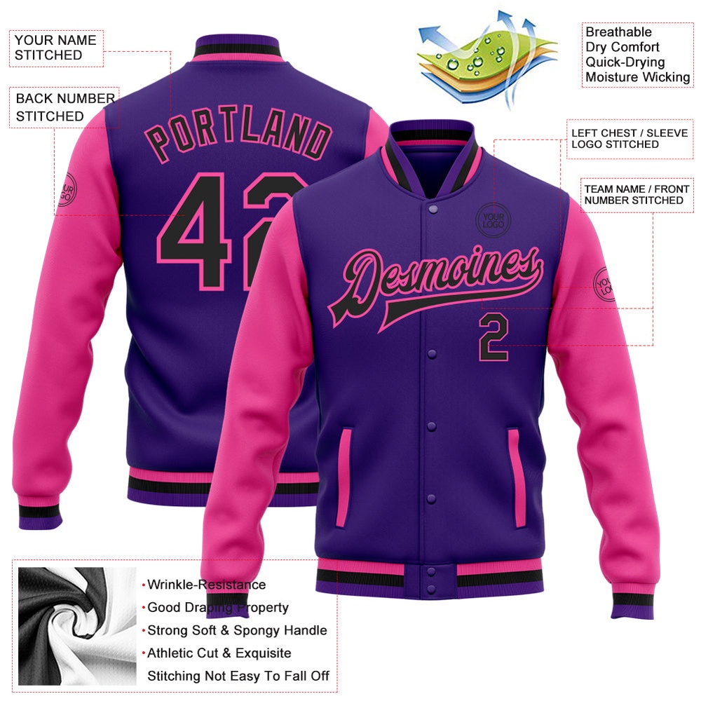 Custom Purple Black Pink Bomber Full Snap Varsity Baseball Jacket, Custom Team Jacket Custom Purple Black Pink Bomber Full Snap Varsity Baseball Jacket, Custom Team Jacket