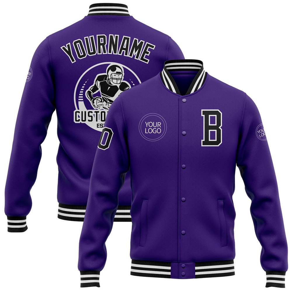 Custom Purple Black White Bomber Full Snap Baseball Jacket, Custom Team Jacket Custom Purple Black White Bomber Full Snap Baseball Jacket, Custom Team Jacket