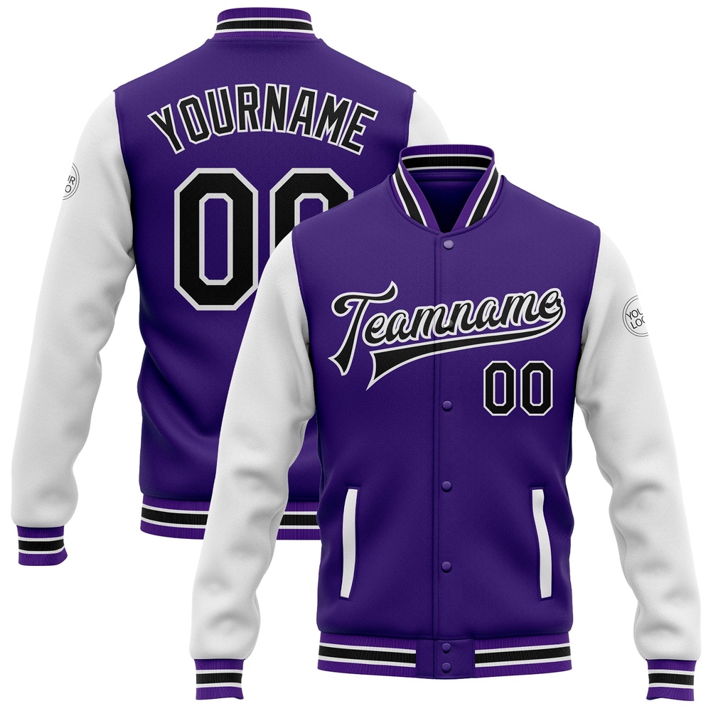 Custom Purple Black White Bomber Full Snap Varsity Baseball Jacket, Custom Team Jacket Custom Purple Black White Bomber Full Snap Varsity Baseball Jacket, Custom Team Jacket