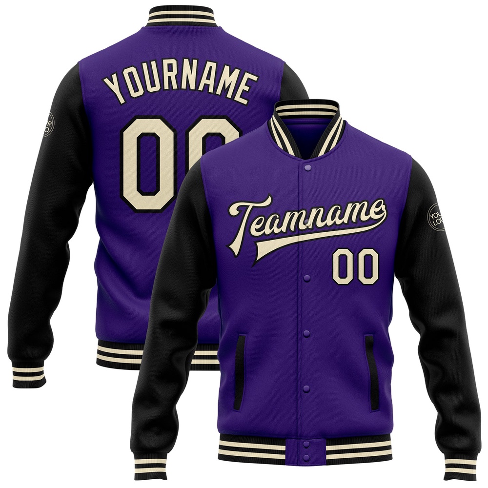 Custom Purple Cream Black Bomber Full Snap Varsity Baseball Jacket, Custom Team Jacket Custom Purple Cream Black Bomber Full Snap Varsity Baseball Jacket, Custom Team Jacket