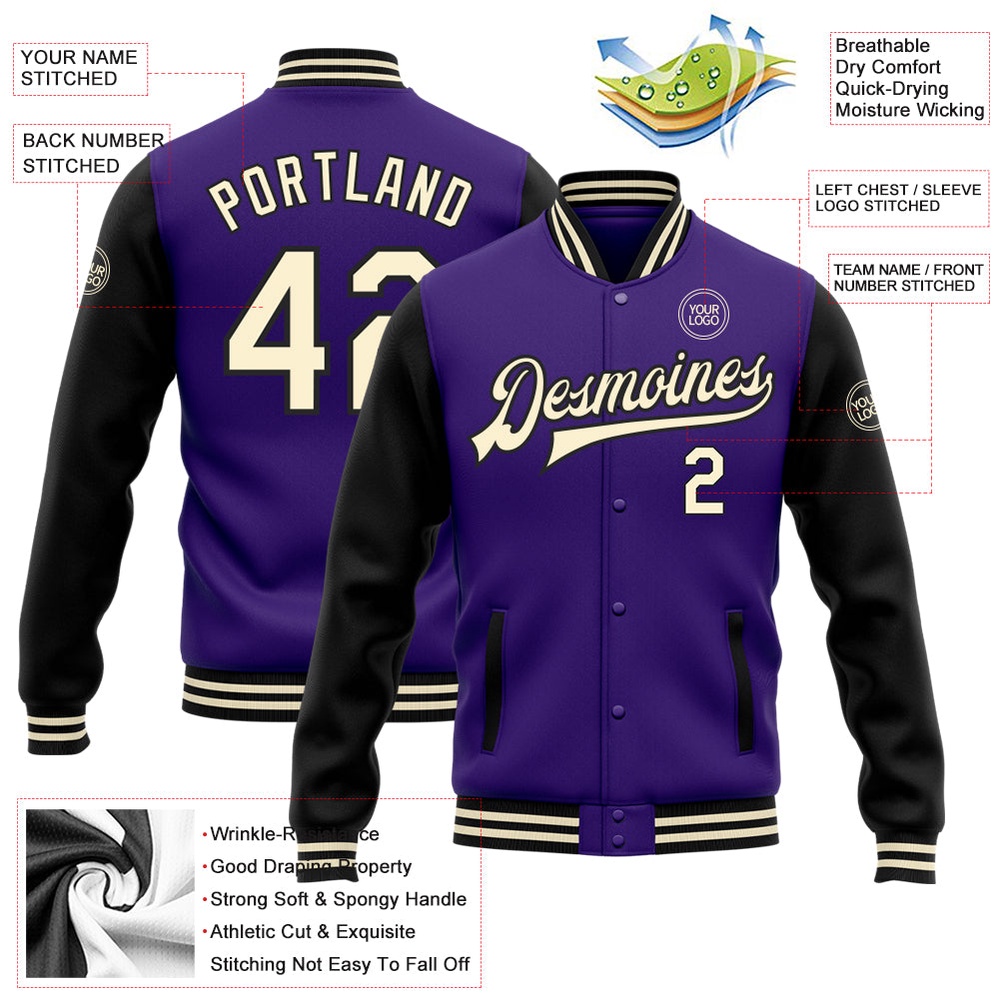 Custom Purple Cream Black Bomber Full Snap Varsity Baseball Jacket, Custom Team Jacket Custom Purple Cream Black Bomber Full Snap Varsity Baseball Jacket, Custom Team Jacket