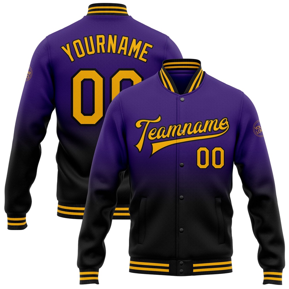 Custom Purple Gold Black Bomber Full Snap Baseball Jacket, Custom Team Jacket Custom Purple Gold Black Bomber Full Snap Baseball Jacket, Custom Team Jacket