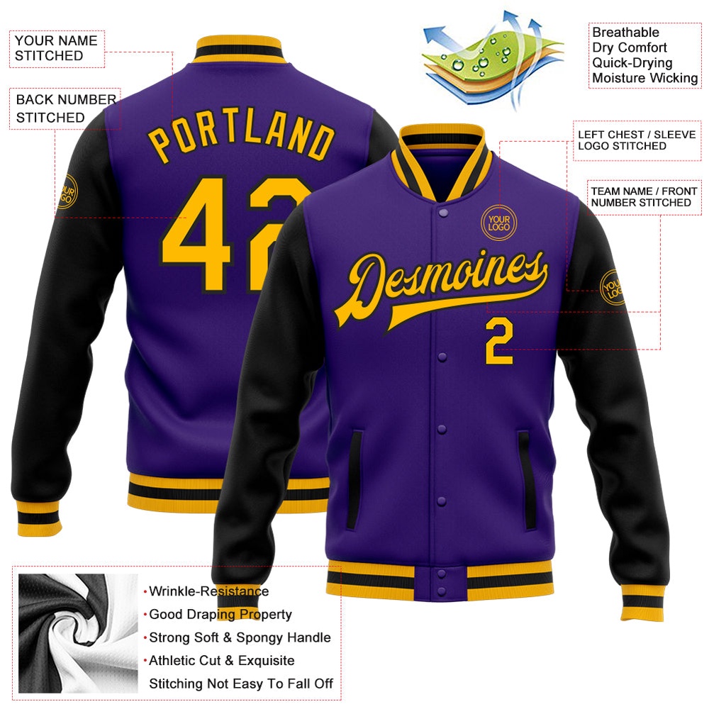 Custom Purple Gold Black Bomber Full Snap Varsity Baseball Jacket, Custom Team Jacket Custom Purple Gold Black Bomber Full Snap Varsity Baseball Jacket, Custom Team Jacket