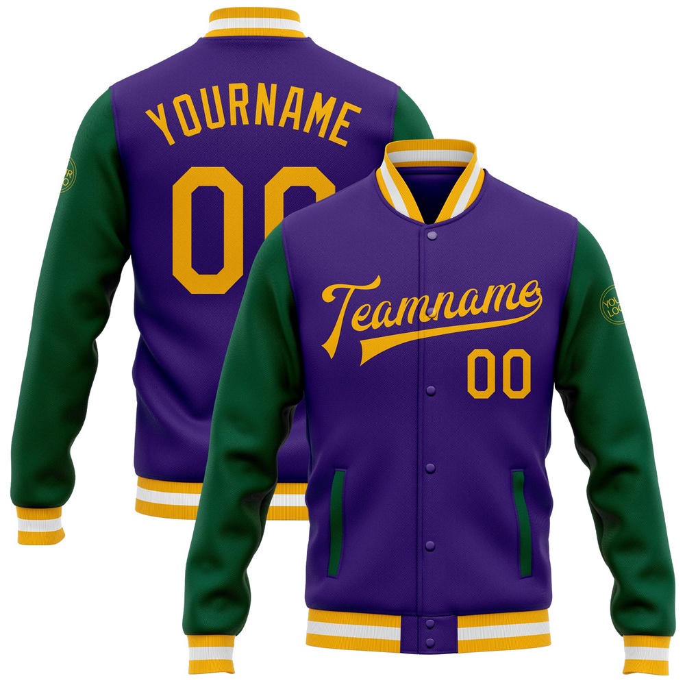 Custom Purple Gold Kelly Green Bomber Full Snap Varsity Baseball Jacket, Custom Team Jacket Custom Purple Gold Kelly Green Bomber Full Snap Varsity Baseball Jacket, Custom Team Jacket