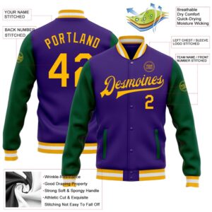 Custom Purple Gold Kelly Green Bomber Full Snap Varsity Baseball Jacket Custom Team Jacket 2 a1qnqz.jpg