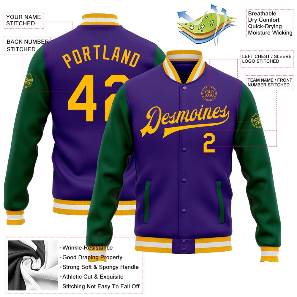 Custom Purple Gold Kelly Green Bomber Full Snap Varsity Baseball Jacket, Custom Team Jacket Custom Purple Gold Kelly Green Bomber Full Snap Varsity Baseball Jacket, Custom Team Jacket