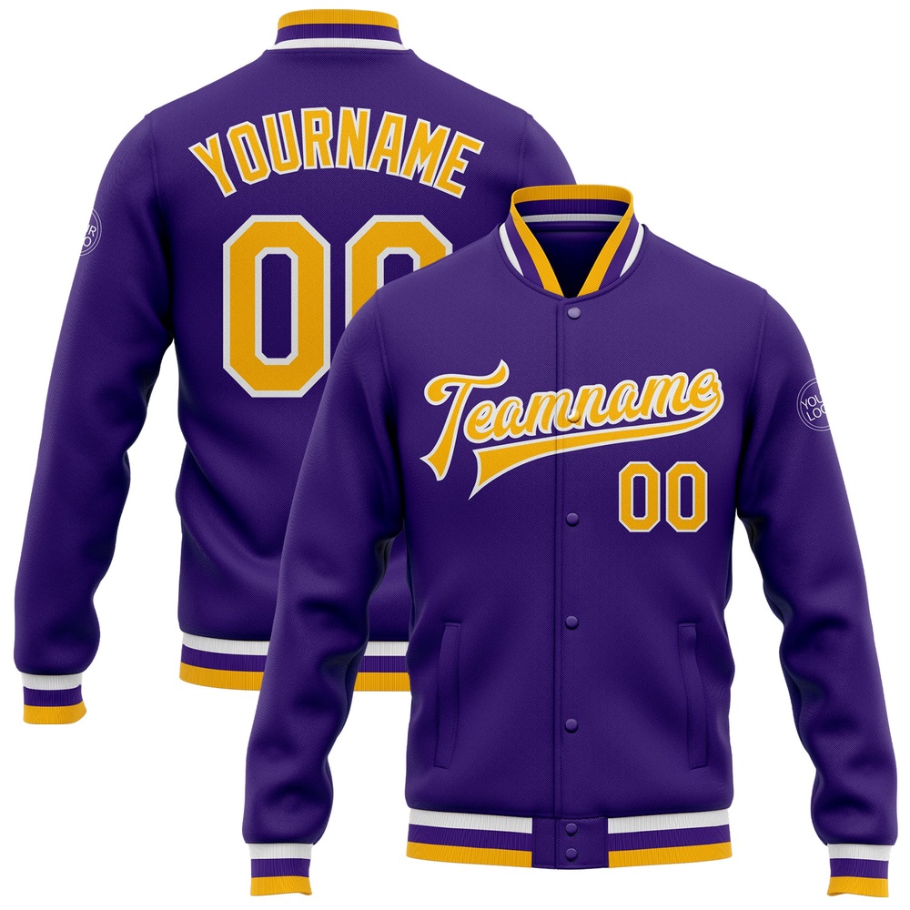 Custom Purple Gold White Bomber Full Snap Baseball Jacket, Custom Team Jacket Custom Purple Gold White Bomber Full Snap Baseball Jacket, Custom Team Jacket