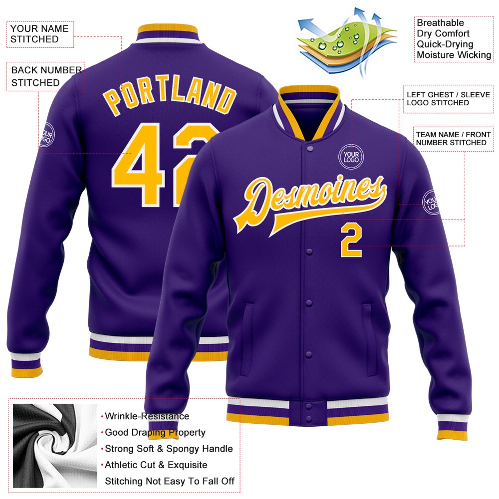 Custom Purple Gold White Bomber Full Snap Baseball Jacket, Custom Team Jacket Custom Purple Gold White Bomber Full Snap Baseball Jacket, Custom Team Jacket