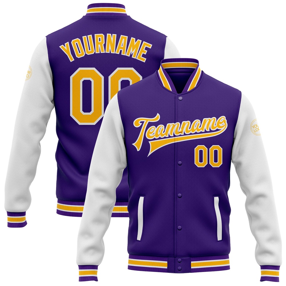 Custom Purple Gold White Bomber Full Snap Varsity Baseball Jacket, Custom Team Jacket Custom Purple Gold White Bomber Full Snap Varsity Baseball Jacket, Custom Team Jacket