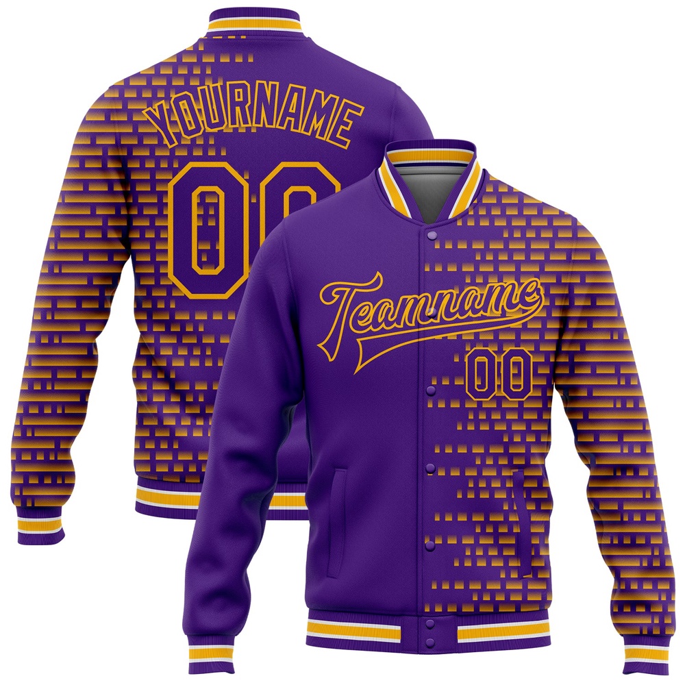 Custom Purple Gold White Halftone 3D Pattern Design Bomber Full Snap Baseball Jacket, Custom Team Jacket