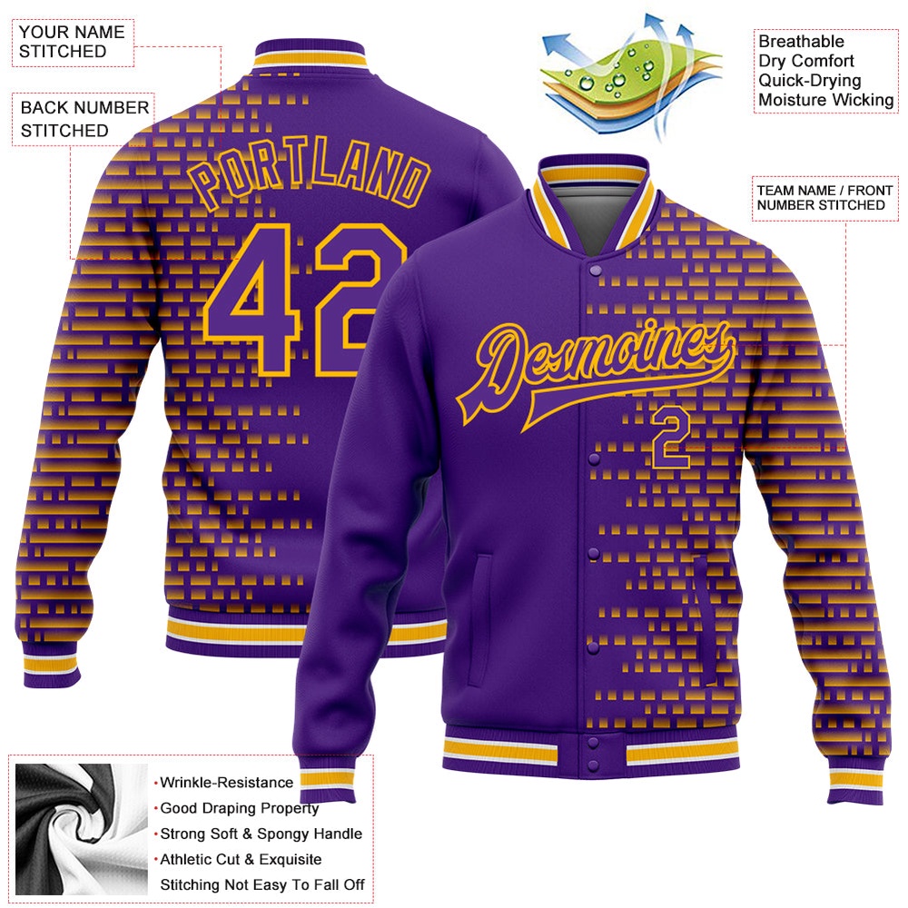 Custom Purple Gold White Halftone 3D Pattern Design Bomber Full Snap Baseball Jacket, Custom Team Jacket