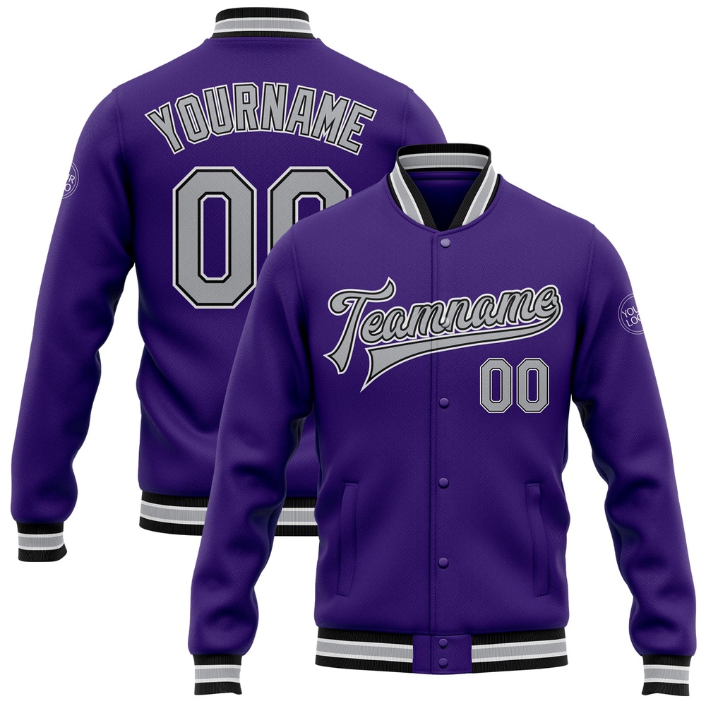Custom Purple Gray Black Bomber Full Snap Baseball Jacket, Custom Team Jacket Custom Purple Gray Black Bomber Full Snap Baseball Jacket, Custom Team Jacket