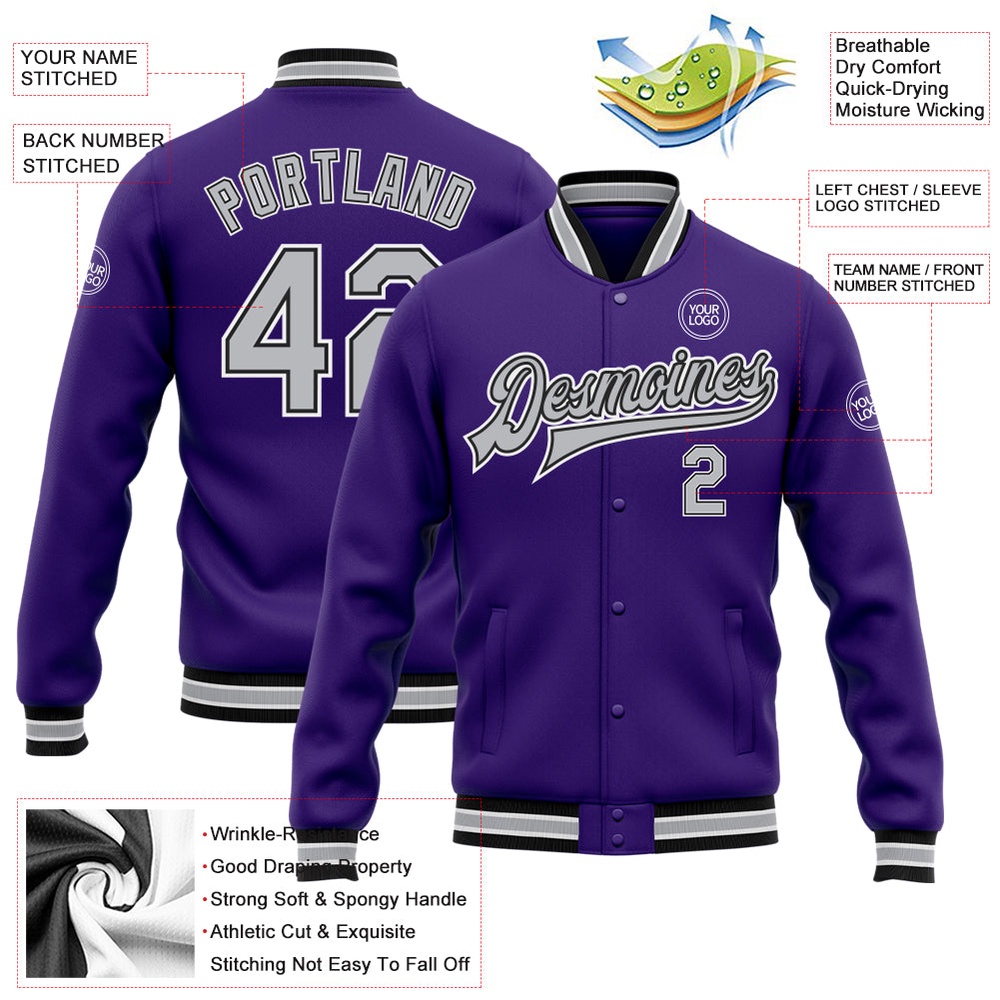 Custom Purple Gray Black Bomber Full Snap Baseball Jacket, Custom Team Jacket Custom Purple Gray Black Bomber Full Snap Baseball Jacket, Custom Team Jacket