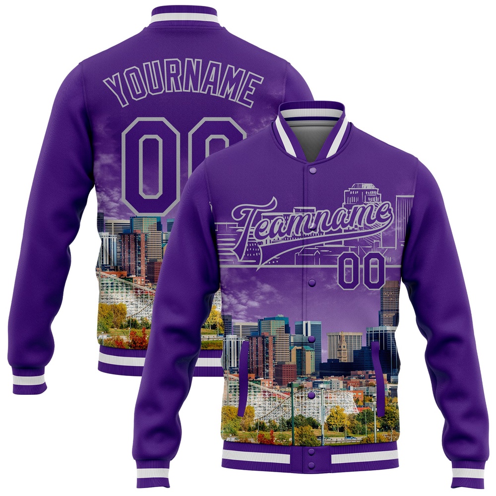 Custom Purple Gray Denver Colorado City Edition 3D Bomber Full Snap Baseball Jacket, Custom Team Jacket Custom Purple Gray Denver Colorado City Edition 3D Bomber Full Snap Baseball Jacket, Custom Team Jacket