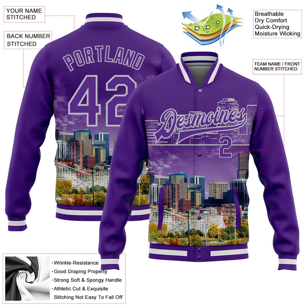 Custom Purple Gray Denver Colorado City Edition 3D Bomber Full Snap Baseball Jacket, Custom Team Jacket Custom Purple Gray Denver Colorado City Edition 3D Bomber Full Snap Baseball Jacket, Custom Team Jacket
