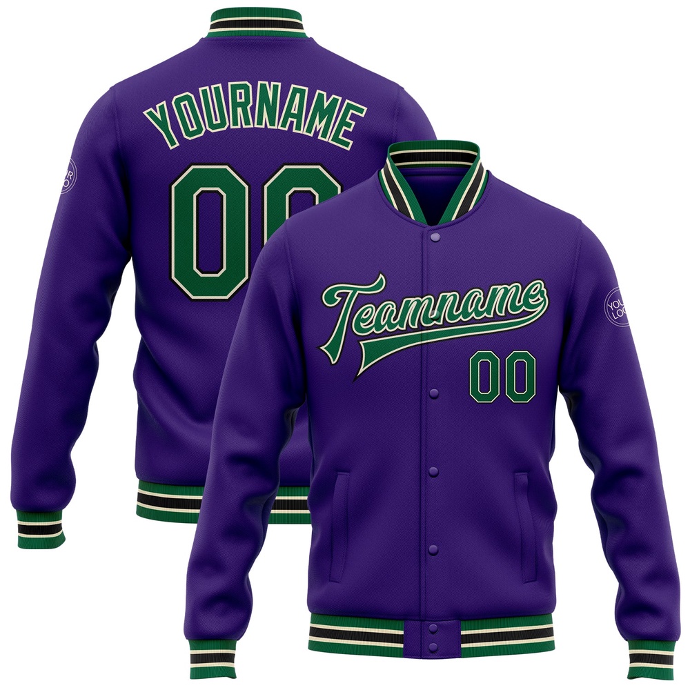 Custom Purple Kelly Green Cream Black Bomber Full Snap Baseball Jacket, Custom Team Jacket Custom Purple Kelly Green Cream Black Bomber Full Snap Baseball Jacket, Custom Team Jacket