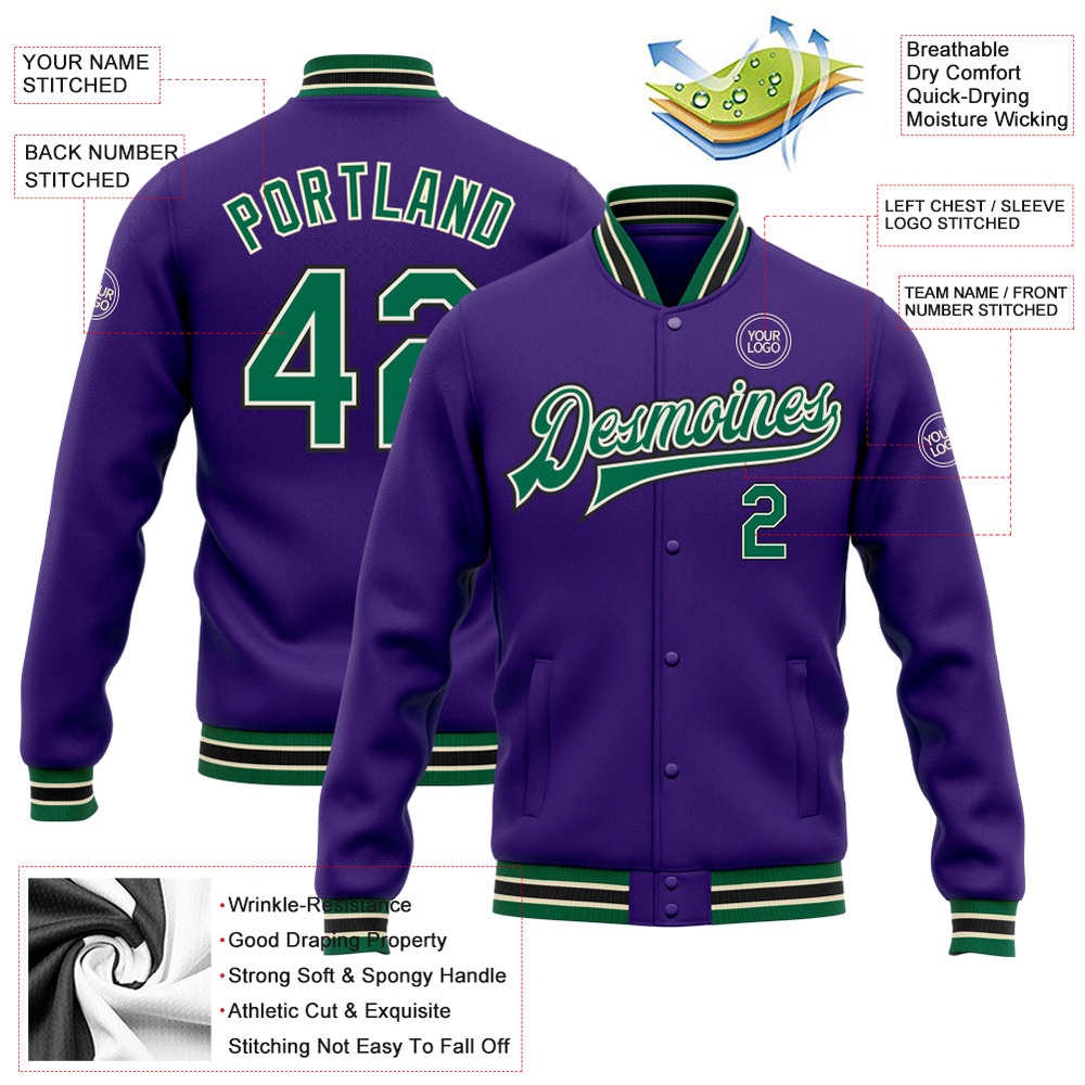 Custom Purple Kelly Green Cream Black Bomber Full Snap Baseball Jacket, Custom Team Jacket Custom Purple Kelly Green Cream Black Bomber Full Snap Baseball Jacket, Custom Team Jacket