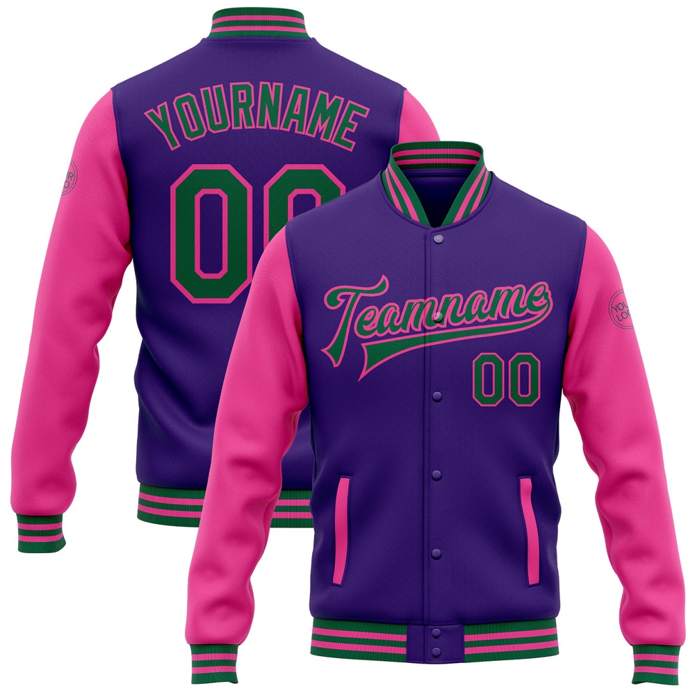 Custom Purple Kelly Green Pink Bomber Full Snap Varsity Baseball Jacket, Custom Team Jacket Custom Purple Kelly Green Pink Bomber Full Snap Varsity Baseball Jacket, Custom Team Jacket