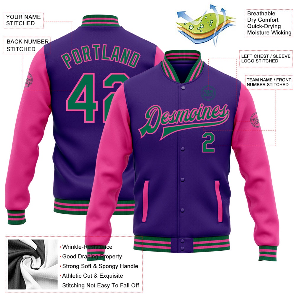 Custom Purple Kelly Green Pink Bomber Full Snap Varsity Baseball Jacket, Custom Team Jacket Custom Purple Kelly Green Pink Bomber Full Snap Varsity Baseball Jacket, Custom Team Jacket