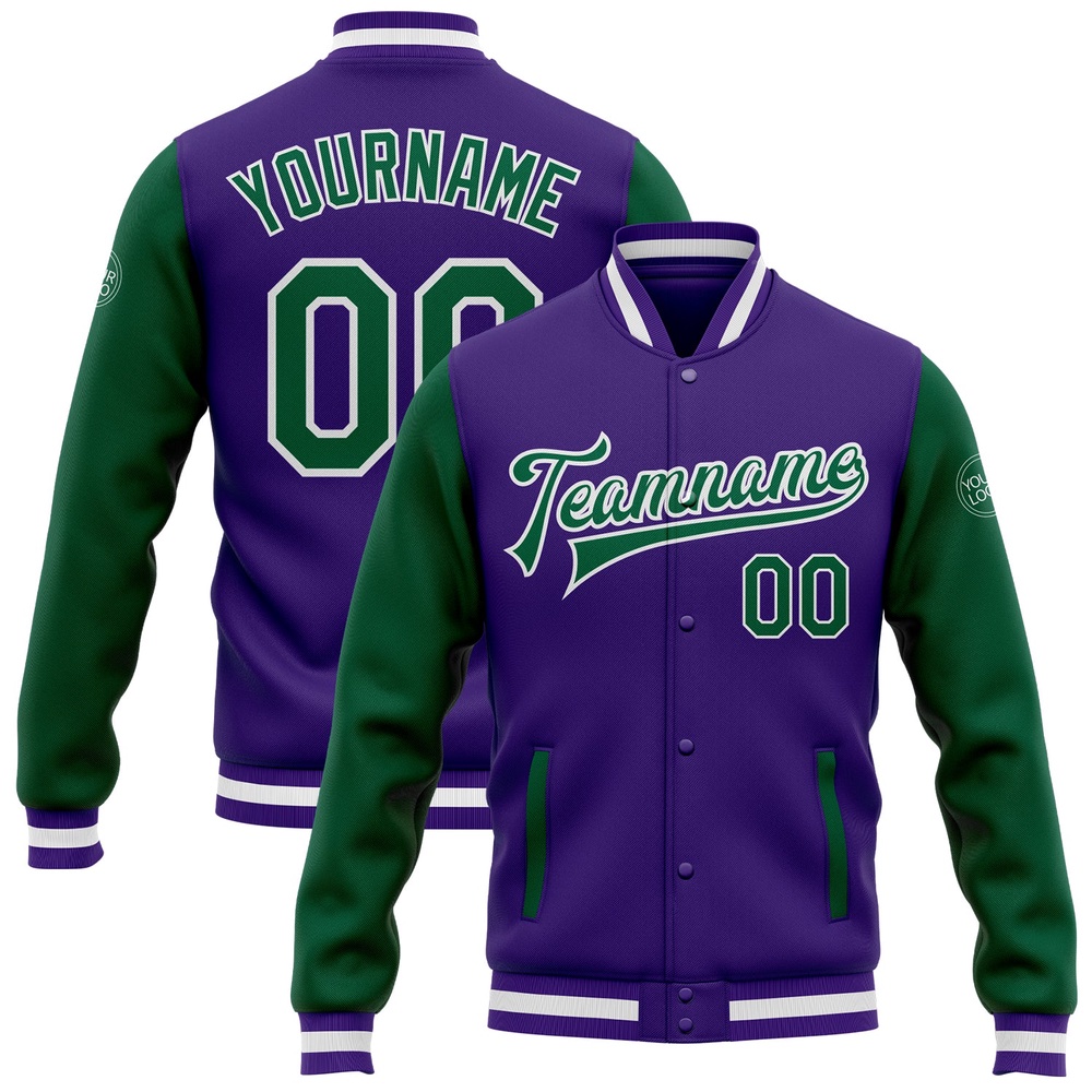 Custom Purple Kelly Green White Bomber Full Snap Varsity Baseball Jacket, Custom Team Jacket Custom Purple Kelly Green White Bomber Full Snap Varsity Baseball Jacket, Custom Team Jacket