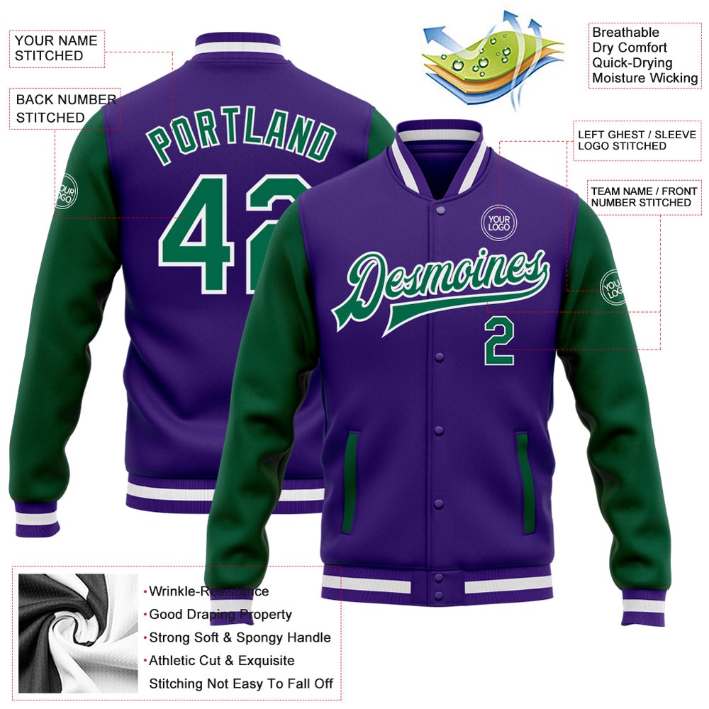 Custom Purple Kelly Green White Bomber Full Snap Varsity Baseball Jacket, Custom Team Jacket Custom Purple Kelly Green White Bomber Full Snap Varsity Baseball Jacket, Custom Team Jacket