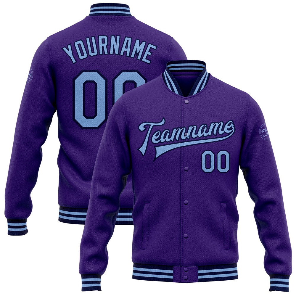 Custom Purple Light Blue Navy Bomber Full Snap Baseball Jacket, Custom Team Jacket Custom Purple Light Blue Navy Bomber Full Snap Baseball Jacket, Custom Team Jacket