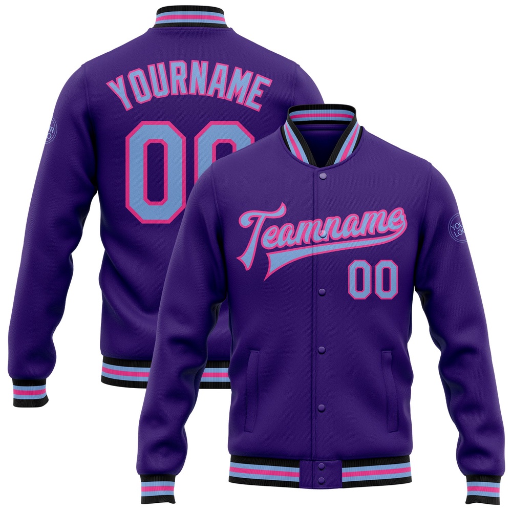 Custom Purple Light Blue Pink Black Bomber Full Snap Baseball Jacket, Custom Team Jacket Custom Purple Light Blue Pink Black Bomber Full Snap Baseball Jacket, Custom Team Jacket