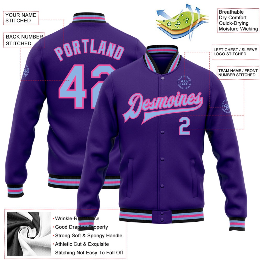 Custom Purple Light Blue Pink Black Bomber Full Snap Baseball Jacket, Custom Team Jacket Custom Purple Light Blue Pink Black Bomber Full Snap Baseball Jacket, Custom Team Jacket