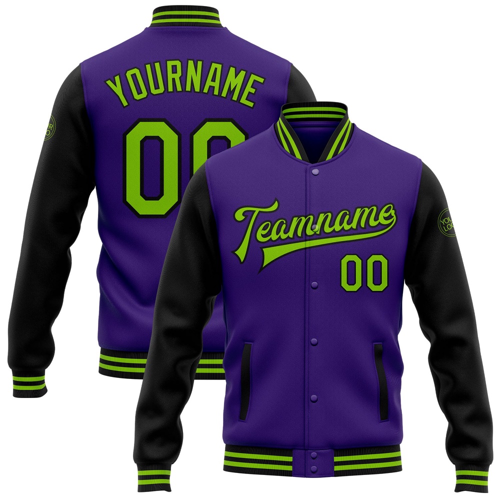 Custom Purple Neon Green Black Bomber Full Snap Varsity Baseball Jacket, Custom Team Jacket