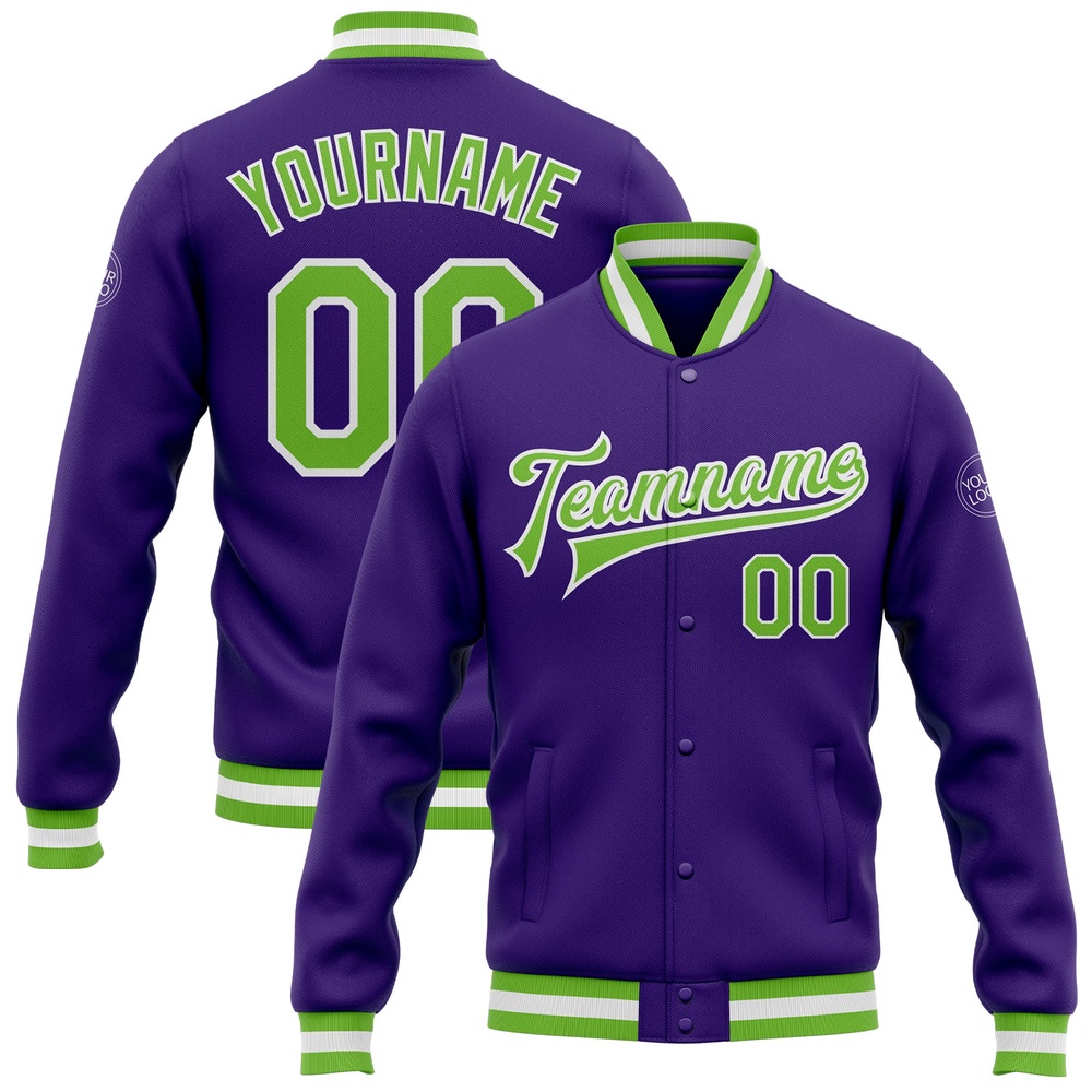 Custom Purple Neon Green White Bomber Full Snap Baseball Jacket, Custom Team Jacket Custom Purple Neon Green White Bomber Full Snap Baseball Jacket, Custom Team Jacket