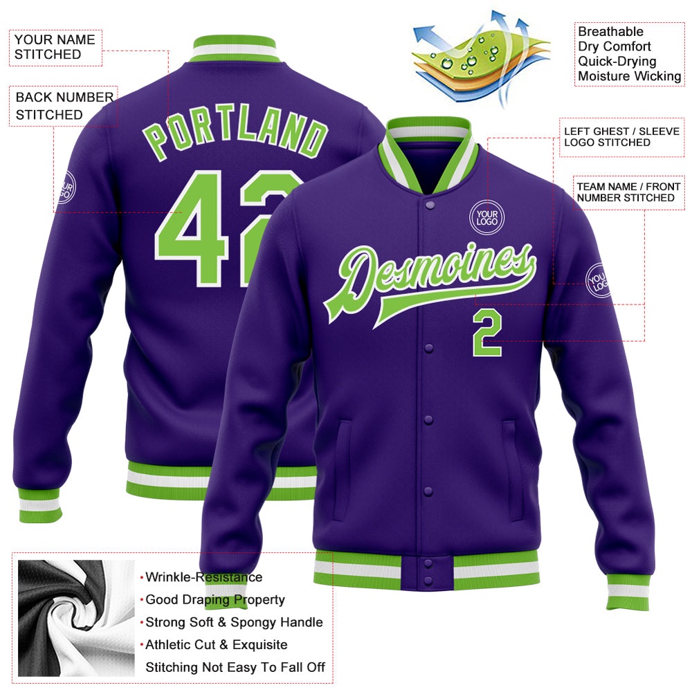 Custom Purple Neon Green White Bomber Full Snap Baseball Jacket, Custom Team Jacket Custom Purple Neon Green White Bomber Full Snap Baseball Jacket, Custom Team Jacket