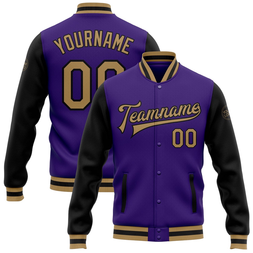 Custom Purple Old Gold Black Bomber Full Snap Varsity Baseball Jacket, Custom Team Jacket Custom Purple Old Gold Black Bomber Full Snap Varsity Baseball Jacket, Custom Team Jacket
