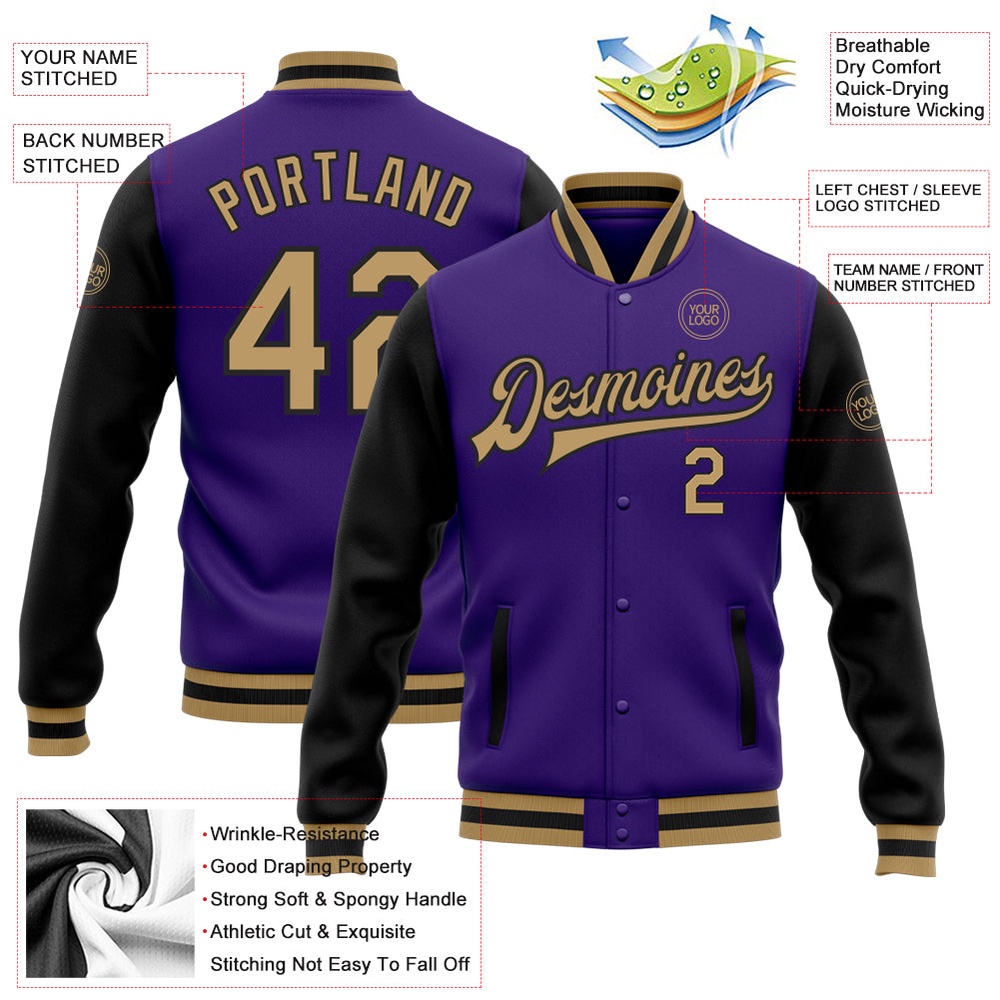 Custom Purple Old Gold Black Bomber Full Snap Varsity Baseball Jacket, Custom Team Jacket Custom Purple Old Gold Black Bomber Full Snap Varsity Baseball Jacket, Custom Team Jacket