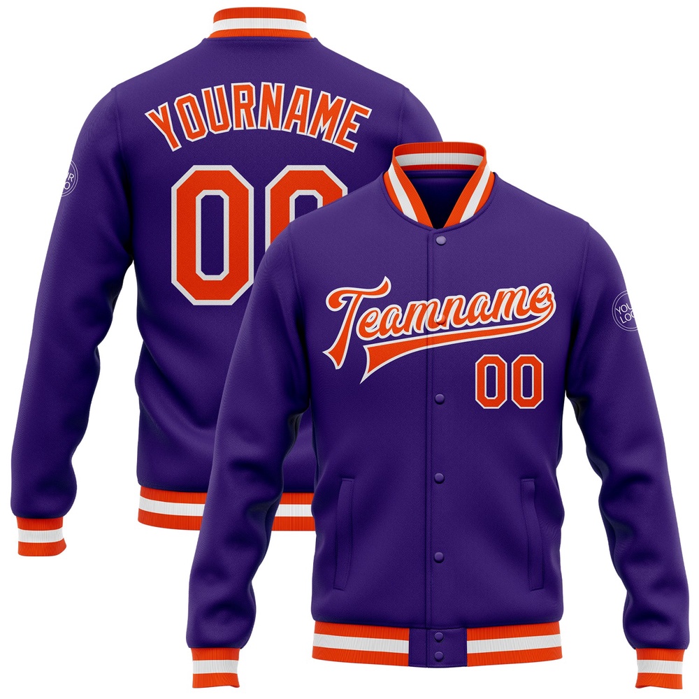 Custom Purple Orange White Bomber Full Snap Baseball Jacket, Custom Team Jacket