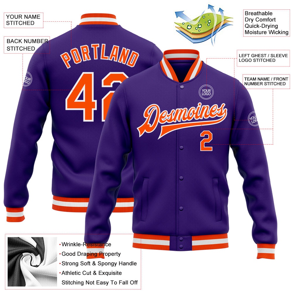 Custom Purple Orange White Bomber Full Snap Baseball Jacket, Custom Team Jacket