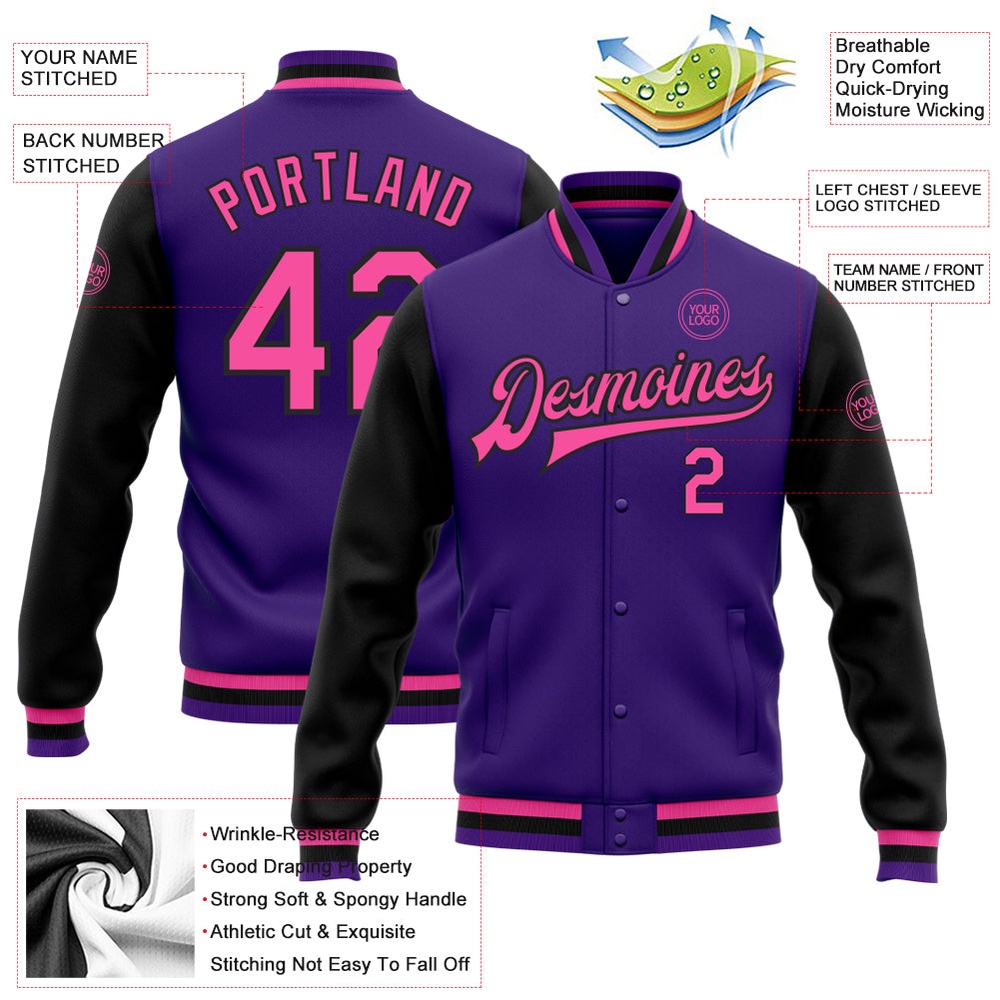 Custom Purple Pink Black Bomber Full Snap Varsity Baseball Jacket, Custom Team Jacket