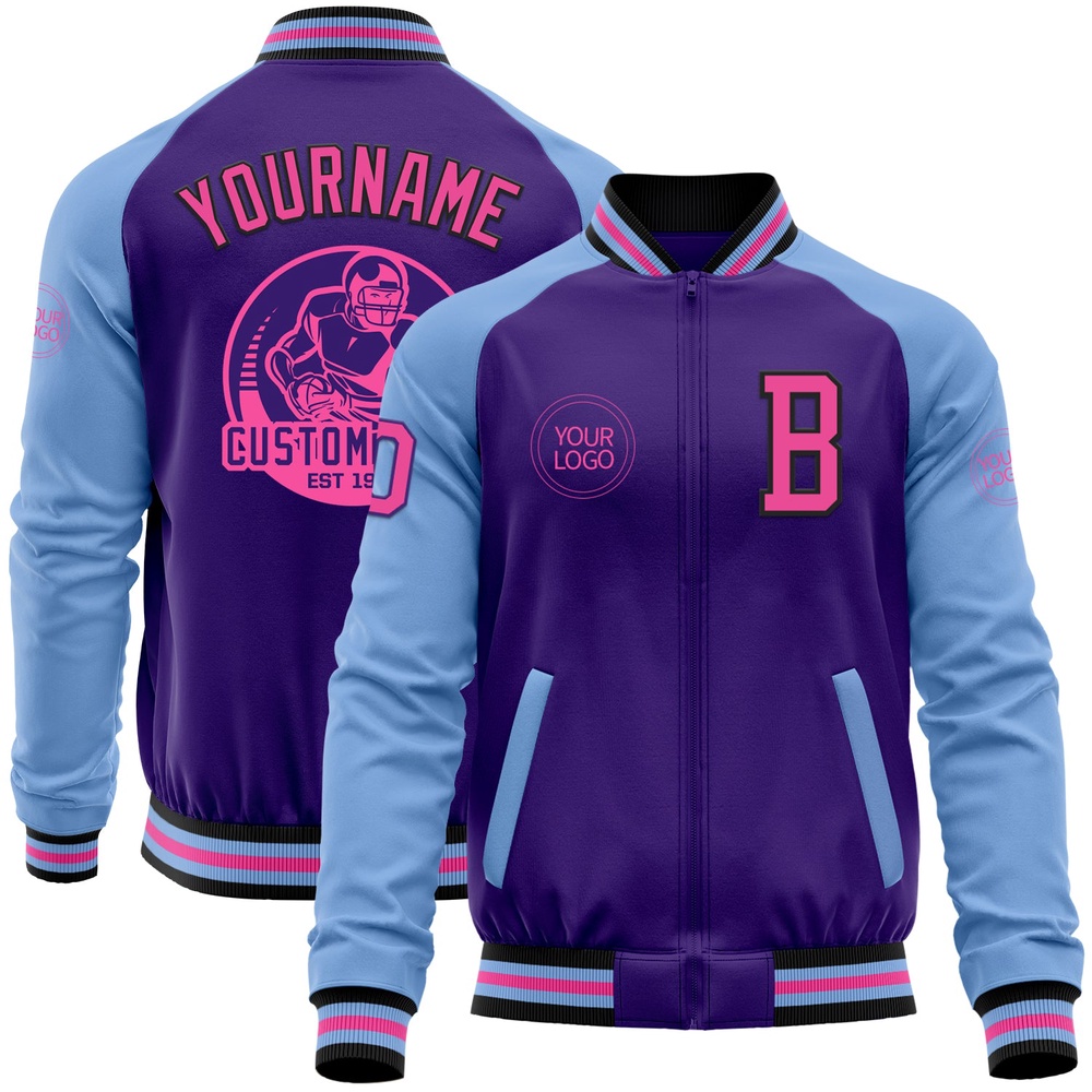 Custom Purple Pink Black Light Blue Bomber Varsity Baseball Jacket, Custom Team Jacket Custom Purple Pink Black Light Blue Bomber Varsity Baseball Jacket, Custom Team Jacket