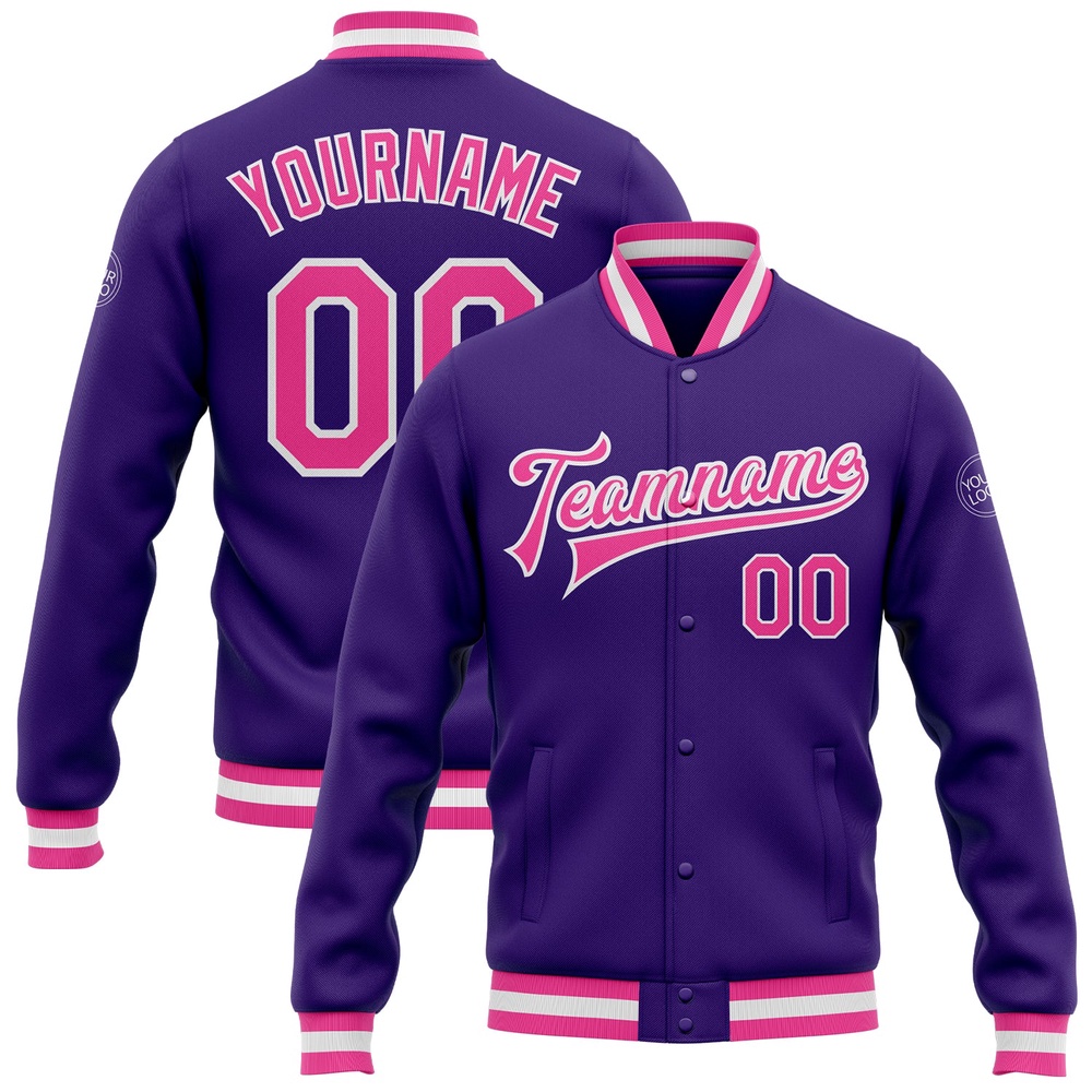 Custom Purple Pink White Bomber Full Snap Baseball Jacket, Custom Team Jacket Custom Purple Pink White Bomber Full Snap Baseball Jacket, Custom Team Jacket