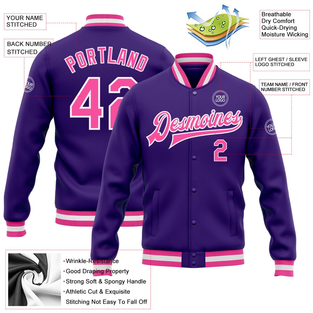Custom Purple Pink White Bomber Full Snap Baseball Jacket, Custom Team Jacket Custom Purple Pink White Bomber Full Snap Baseball Jacket, Custom Team Jacket