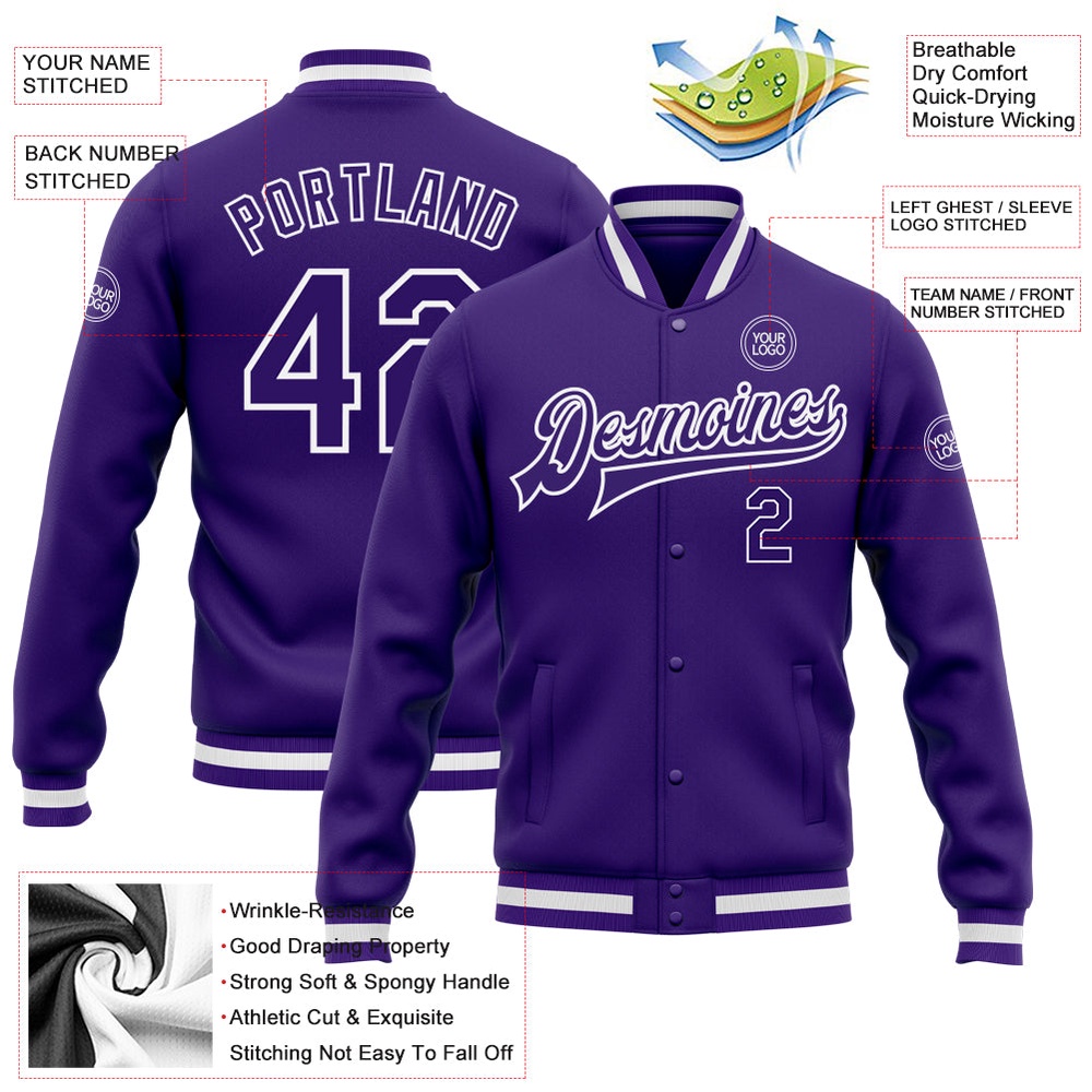 Custom Purple Purple White Bomber Full Snap Baseball Jacket, Custom Team Jacket