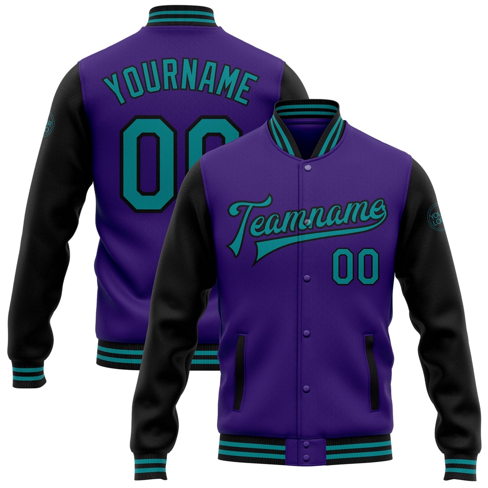 Custom Purple Teal Black Bomber Full Snap Varsity Baseball Jacket, Custom Team Jacket