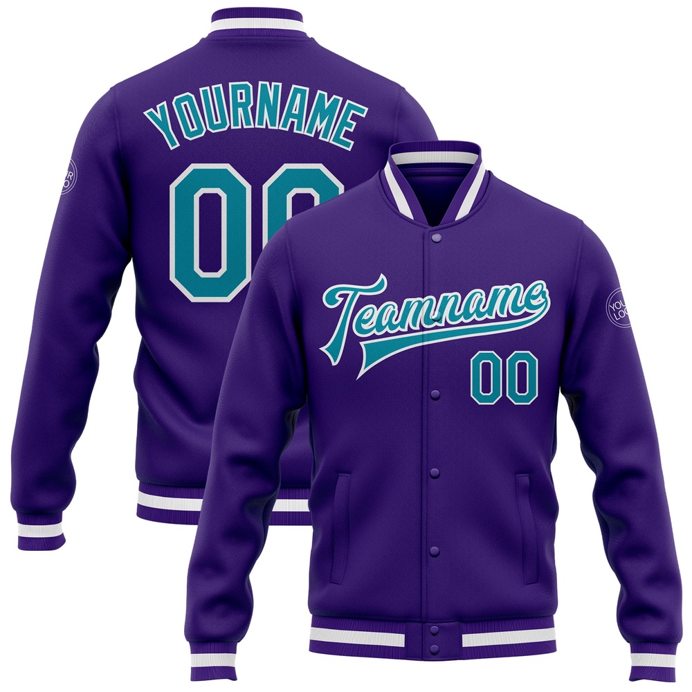 Custom Purple Teal White Bomber Full Snap Baseball Jacket, Custom Team Jacket Custom Purple Teal White Bomber Full Snap Baseball Jacket, Custom Team Jacket