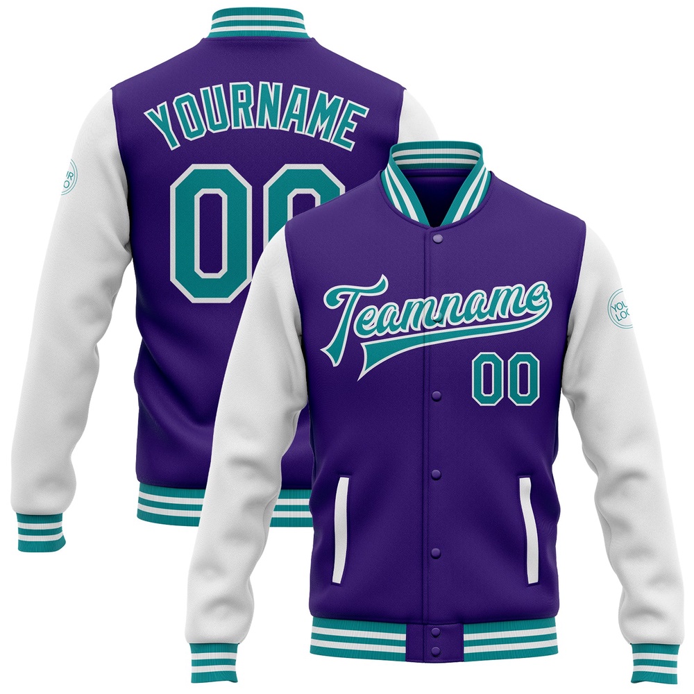 Custom Purple Teal White Bomber Full Snap Varsity Baseball Jacket, Custom Team Jacket