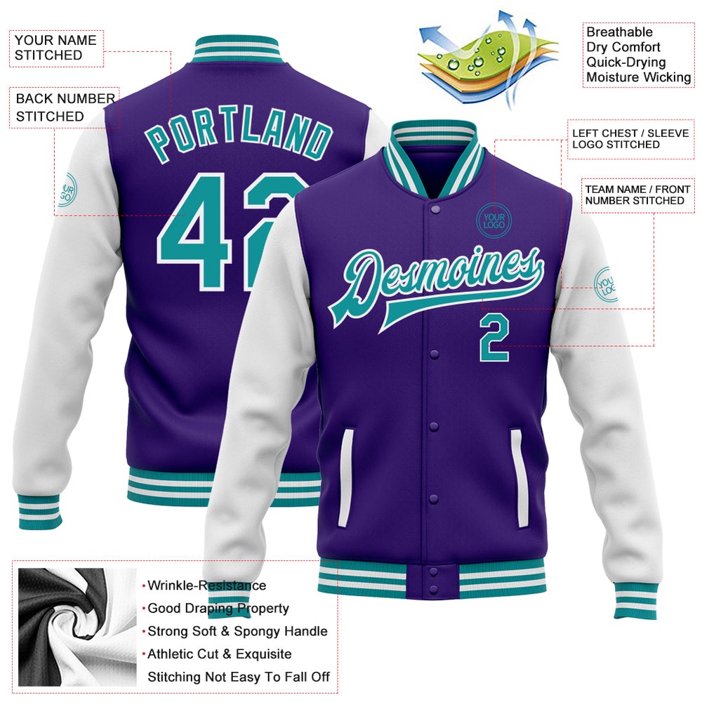 Custom Purple Teal White Bomber Full Snap Varsity Baseball Jacket, Custom Team Jacket