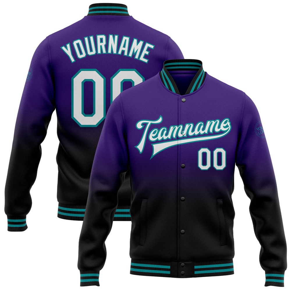 Custom Purple White Black Teal Bomber Full Snap Baseball Jacket, Custom Team Jacket