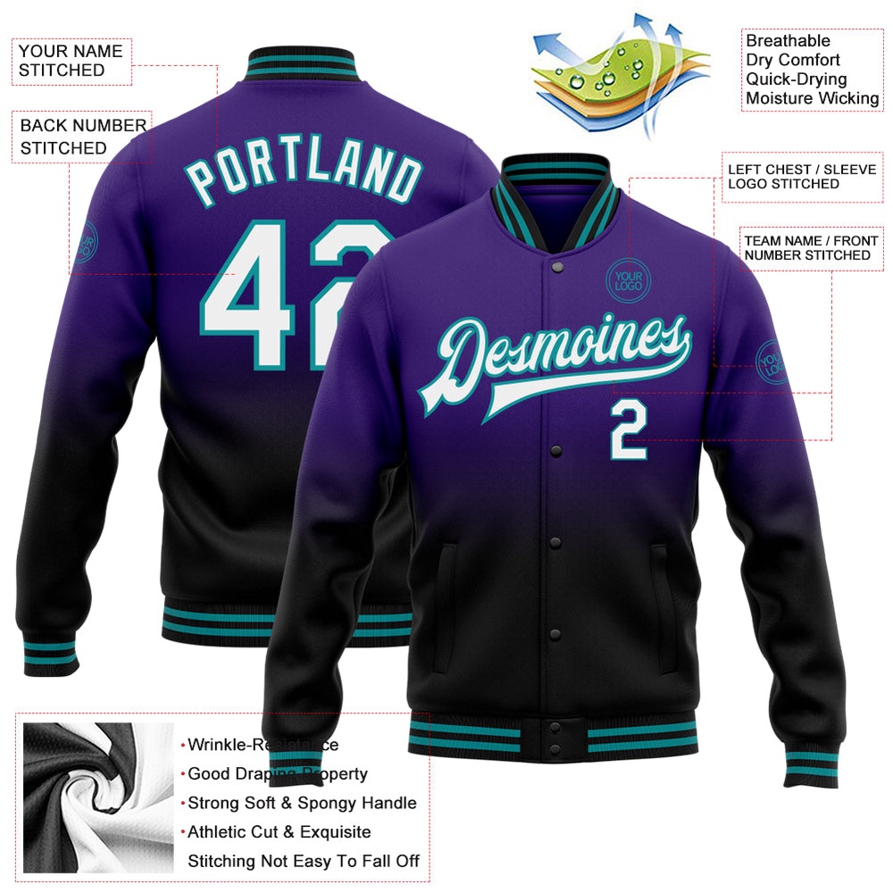 Custom Purple White Black Teal Bomber Full Snap Baseball Jacket, Custom Team Jacket