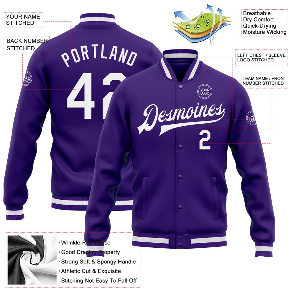 Custom Purple White Bomber Full Snap Baseball Jacket, Custom Team Jacket
