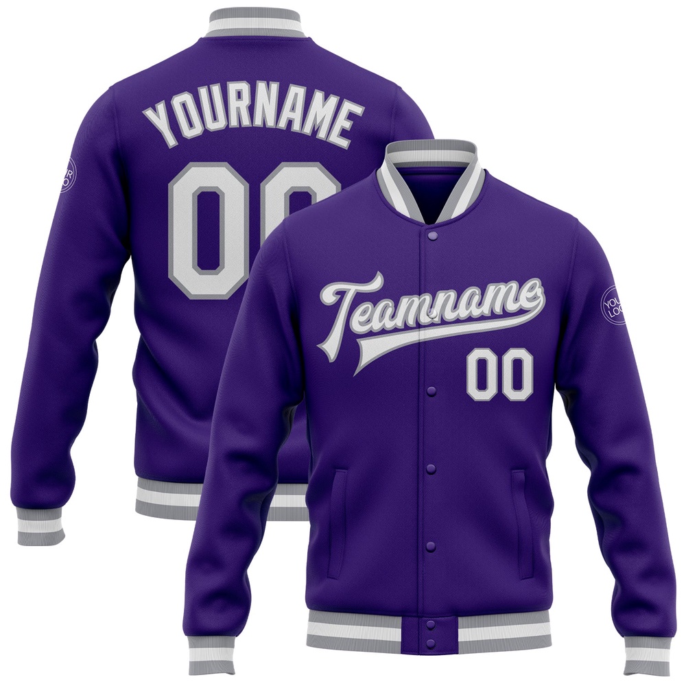 Custom Purple White Gray Bomber Full Snap Baseball Jacket, Custom Team Jacket