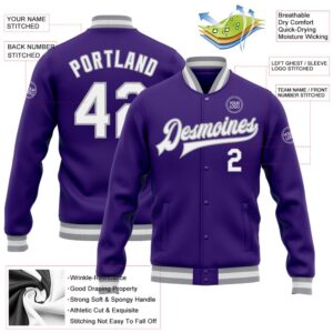 Custom Purple White Gray Bomber Full Snap Baseball Jacket Custom Team Jacket 2 madrur.jpg